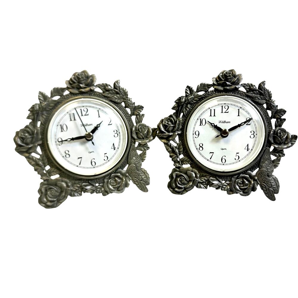 Pair Lovely Rose Rimmed Pewter Colored Metal Frame Quartz Clock by Waltham